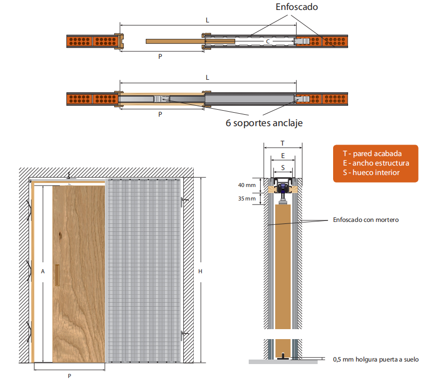 UDS. ESTRUCTURA PUERTA CORREDERA KRIKET PARA ENFOSCADO 800X2030X105 MM.