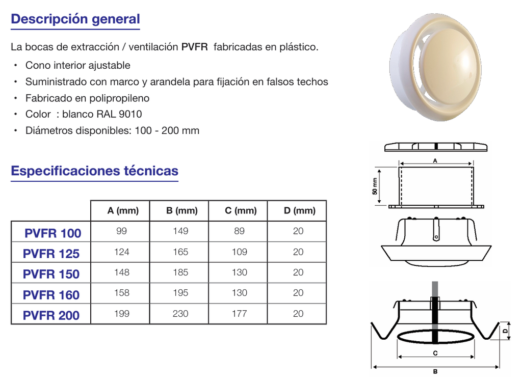 UDS. BOCA EXTRACCION/VENTILACION PLASTICA PVFR Ø100