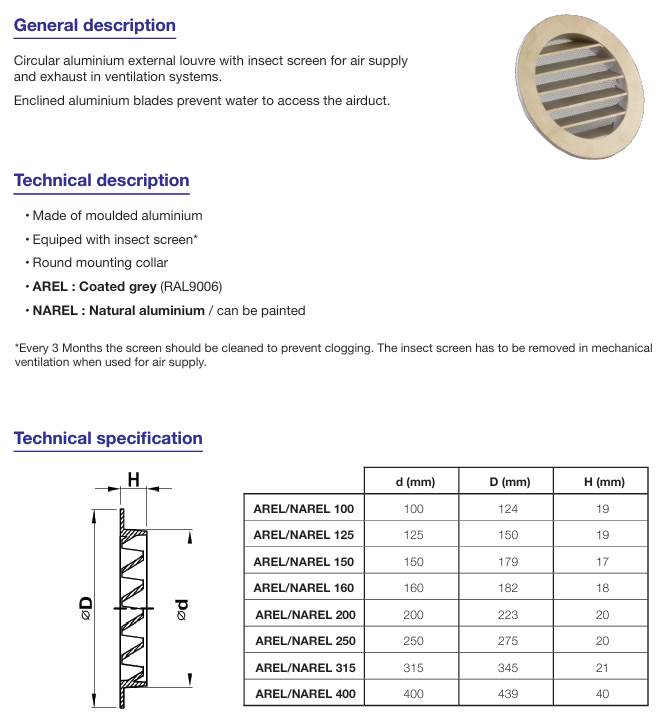 UDS. REJILLA INTEMPERIE TAE AREL-250 Ø250 ALUM. NATURAL CON MALLA