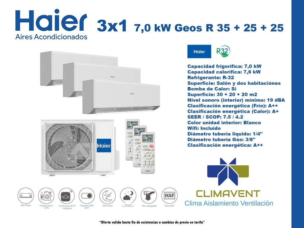 CONJUNTO 3X1 SPLIT PARED HAIER GEOS 35 + 25 + 25 R Plus Wifi 3,5kW + 2,5kW + 2,5kW (SALON Y 2 HABITACIONES)