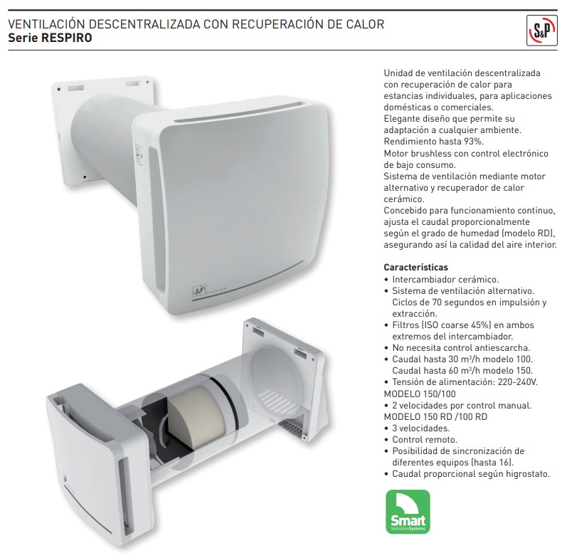 UDS. RECUPERADOR VMC INDIVIDUAL S&P RESPIRO 100 (15-30 m3/h)