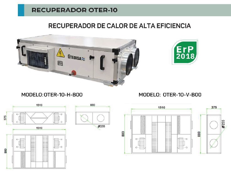 UDS.RECUPERADOR OTER-10-H  1000 m3/h / 60 Pa