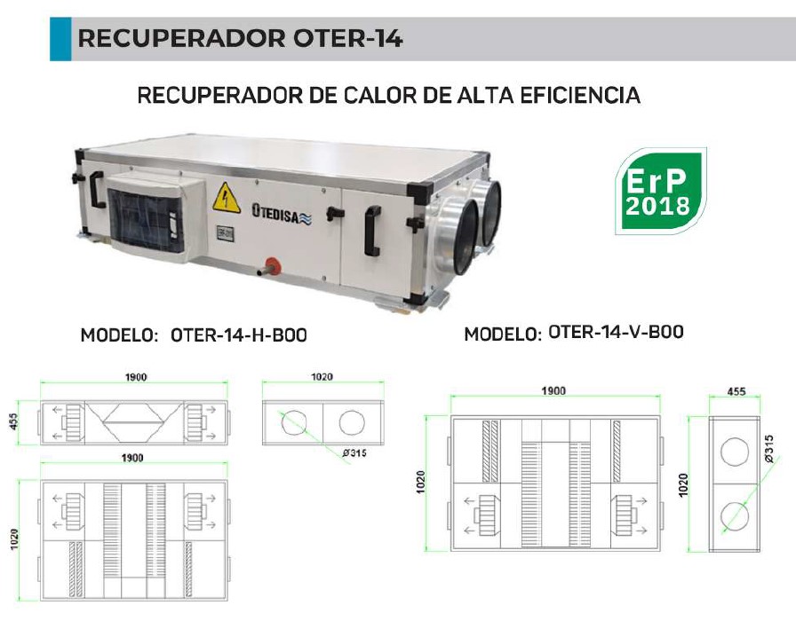 UDS.RECUPERADOR OTER-14-H  1500 m3/h / 305 Pa