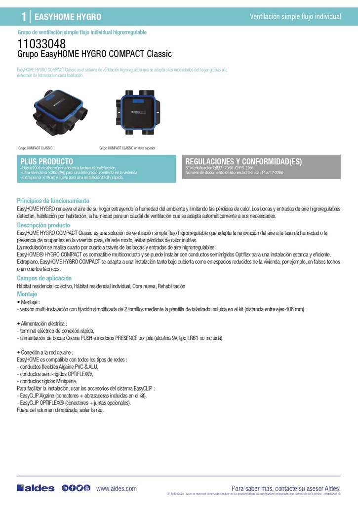 UDS. GRUPO VENTILACION VMC SIMPLE FLUJO EASYHOME HYGRO COMPACT CLASSIC