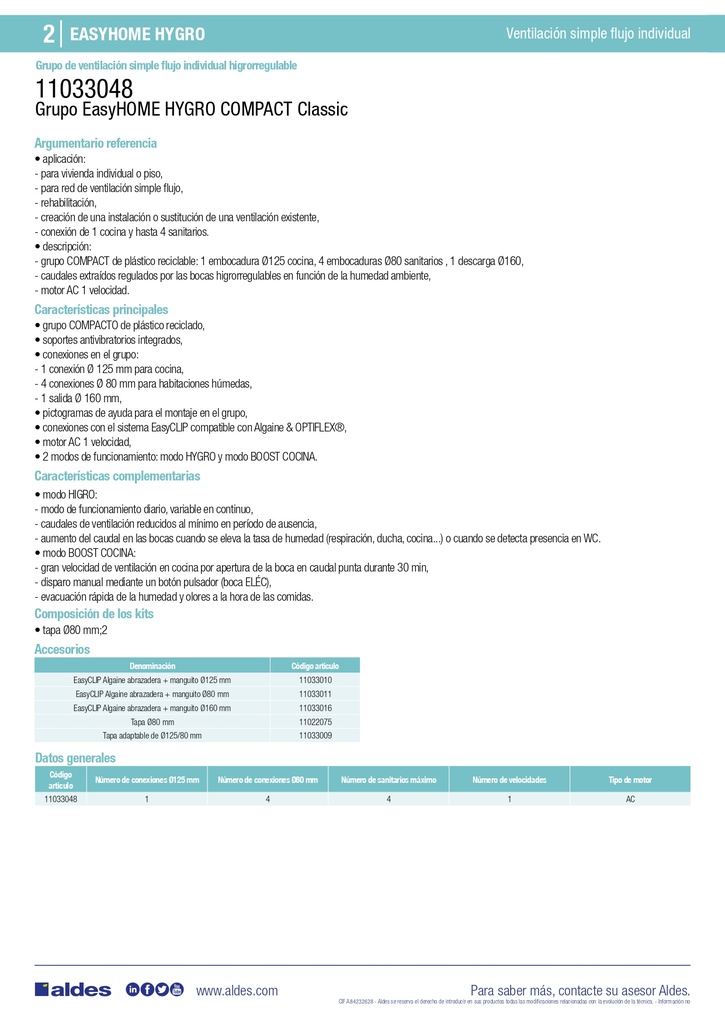 UDS. GRUPO VENTILACION VMC SIMPLE FLUJO EASYHOME HYGRO COMPACT CLASSIC