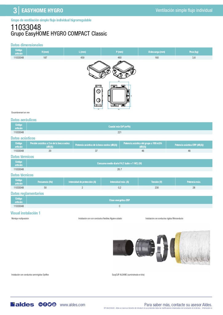 UDS. GRUPO VENTILACION VMC SIMPLE FLUJO EASYHOME HYGRO COMPACT CLASSIC