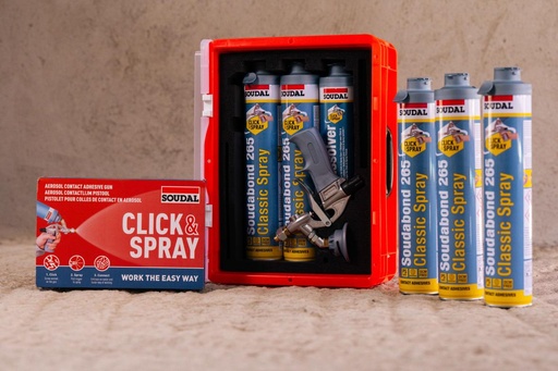 [CLICKSPRAY] KIT CLICK SPRAY & CONNECT SOUDAL (5 botes de adhesivo Soudabond 250 Super Tack + 1 pistola + 1 limpiador)